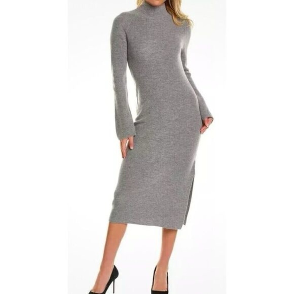 Theory Women’s Wool Dress Rib Midi Mock Neck in Grey Size M Long Sleeve Luxury